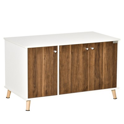 White and Walnut Wood Cat Litter Box Enclosure Cabinet