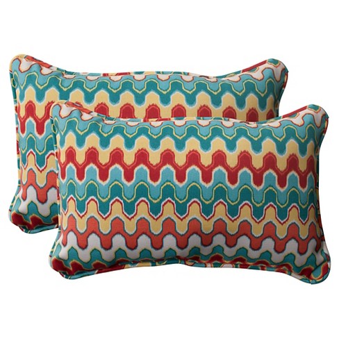 Outdoor 2 Piece Lumbar Toss Pillow Set Red Turquoise Chevron