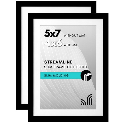 Americanflat 5x7 Picture Frame with Shatter-Resistant Glass - Set of 2 - Use as 4x6 Frame with Mat or 5x7 Without Mat - Streamline Collection - Black