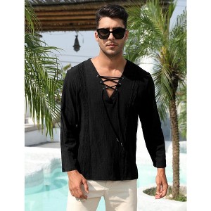 WhizMax Men's Cotton Linen Henley Shirt Lace Up Long Sleeve V Neck Casual Beach Hippie Shirts - 1 of 4