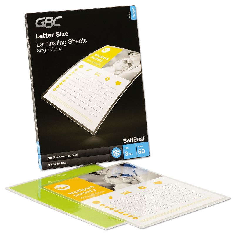 GBC SelfSeal Single-Sided Letter-Size Laminating Sheets 3 mil 9 x 12 3747307, 1 of 5