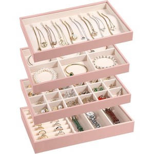 4-Piece Stackable Jewelry Organizer Trays made of PU leather with removable dividers for earrings, necklaces, rings, and bracelets - 1 of 4
