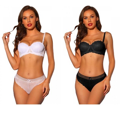 Allegra K Women's Lace Balconette Underwire Bras Padded Bra and Panty Set 2 Packs