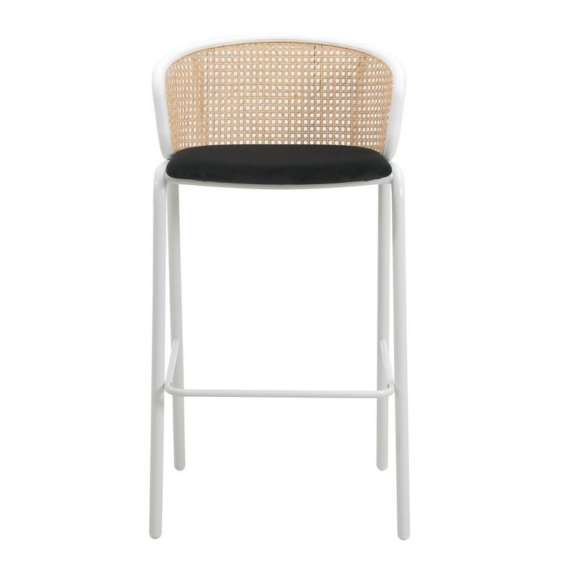 LeisureMod Ervilla Wicker Bar Stool with Fabric Seat and White Steel Frame, 2 of 4