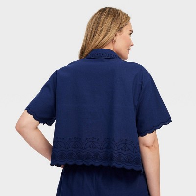 Women’s Short Sleeve Scalloped Hem Shirt Navy Blue – Roller Rabbit
