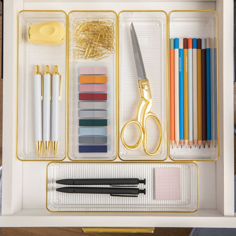 Martha Stewart 12&#34; x 3&#34; 6pc Plastic Stackable Office Desk Drawer Organizers with Gold Trim Clear, 3 of 11