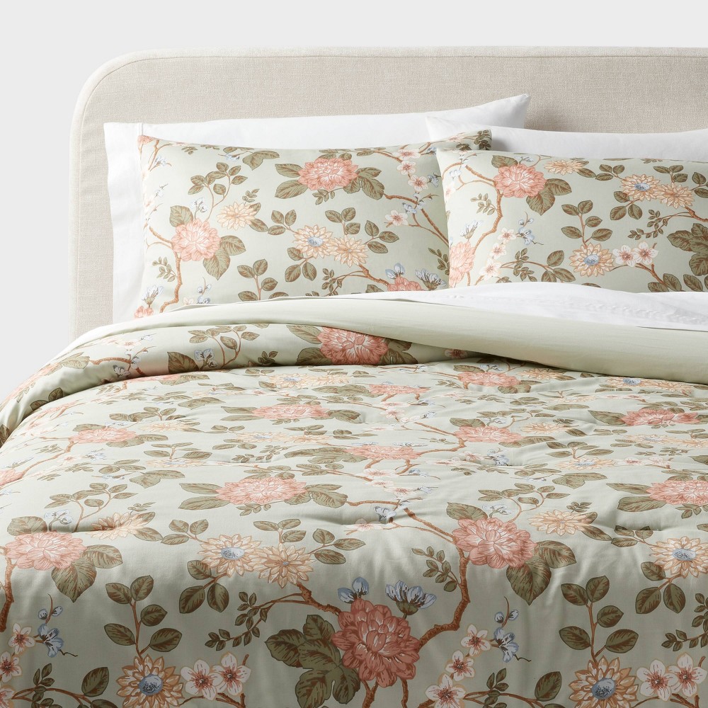 Photos - Bed Linen King Floral Print Comforter and Sham Set Light Sage Green/Light Pink/White - Threshold™: Cotton Sateen, OEKO-TEX Certified,