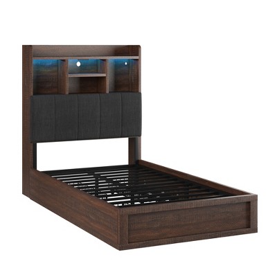 AMERLIFE LED Bed with 4 Storage Drawers, Bookcase Headboard and Charging Station