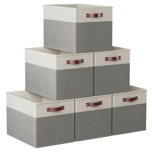 Ornavo Home 6 Pack Linen Fabric Storage Cube Bin with Faux Leather Handles - 1 of 4