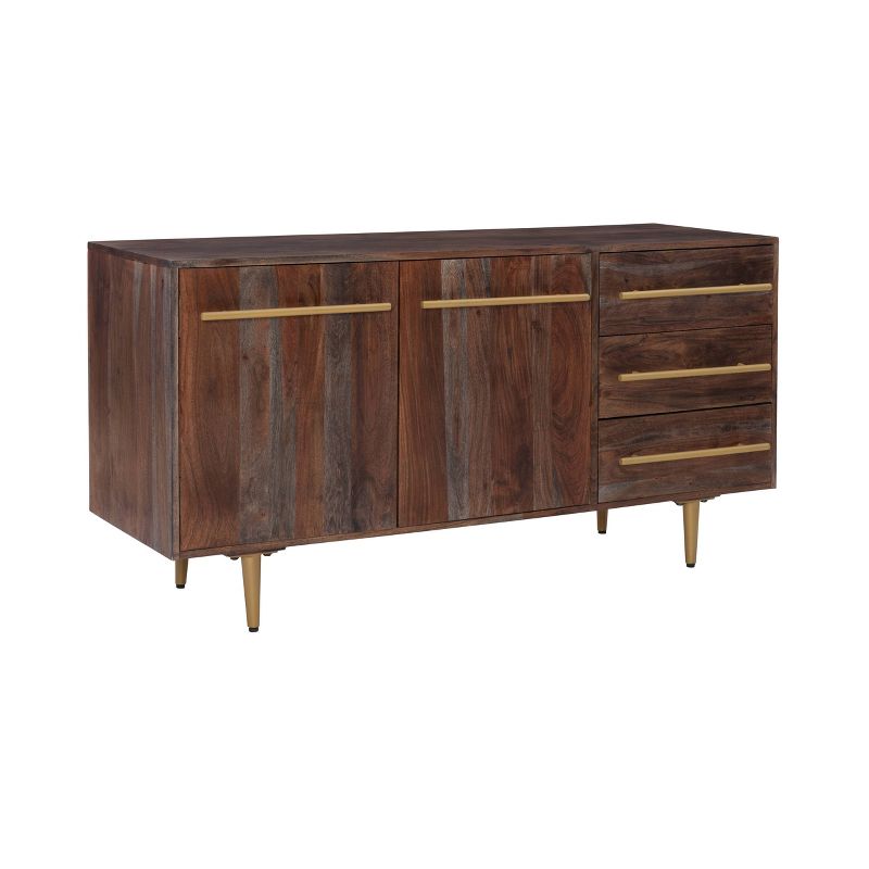 58&#34; Adair Mid Century Modern Storage Console Solid Wood Gold Handle 2 Doors 3 Drawer Brown - Powell, 1 of 16