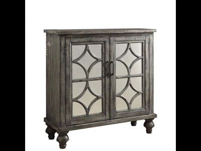 Velika Weathered Gray Wooden Console Table with Mirrored Doors