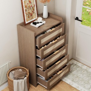 GustoWave Rustic Rattan 5 Drawers Dresser, 45 in Tall Boho Dresser with Golden Metal Handles, Chest of Drawers, Clothes Storage Cabinet - 1 of 4