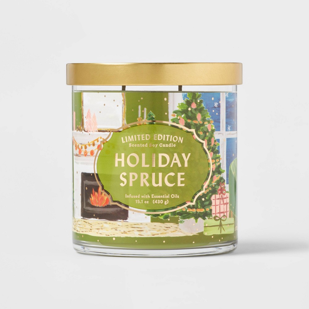 15.1oz Limited Edition Lidded Glass Jar 2-Wick Sandalwood Candle Holiday Spruce with Printed Scene Label - Opalhouse