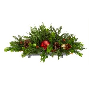 Nearly Natural 24-in Cedar Pine, Pinecones and Ornaments Artificial Christmas Arrangement in Tin Vase - 1 of 4