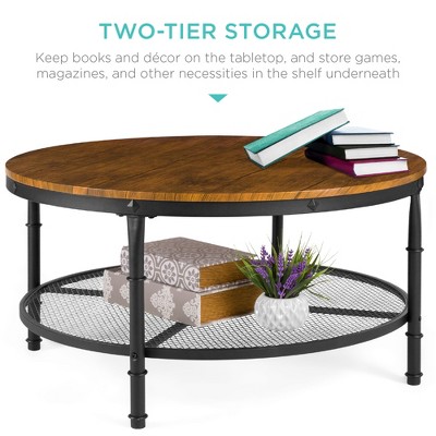 Brown Round Wood and Metal 2-Tier Coffee Table