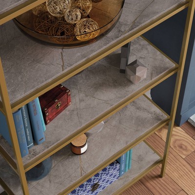 Deco Stone Luxe Modern 5-Shelf Bookcase with Satin Gold Metal Frame