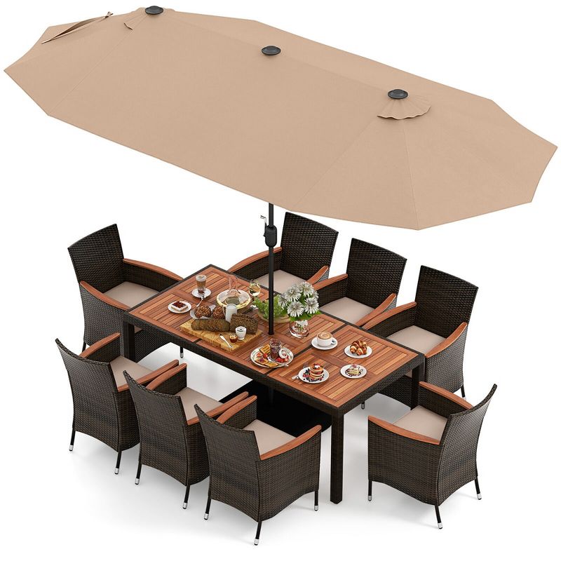 Tangkula 9 Piece Patio Wicker Dining Set w/ Double-Sided Patio Coffee Umbrella Stackable Chairs, 1 of 11