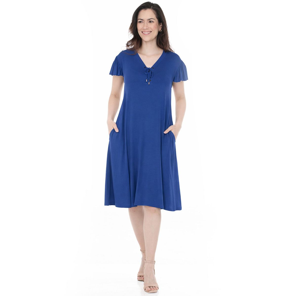 Women’s V-Neck Tie Front Flutter Sleeve Shift Dress -White Mark - thumbnail 6