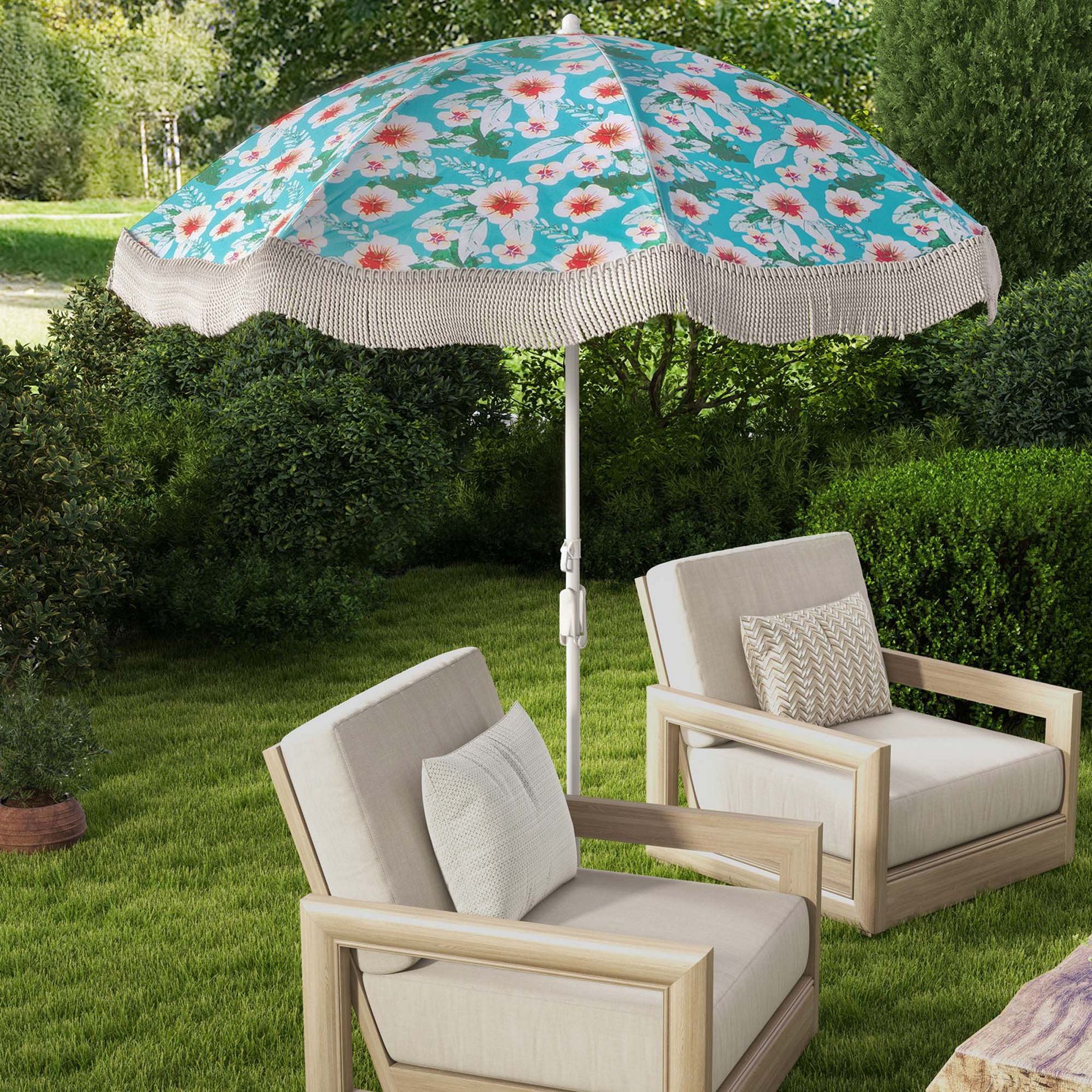 Costway 6.5 FT Outdoor Fringe Patio Umbrella with Carrying Bag Push Button Tilt for Garden White/Navy/Green