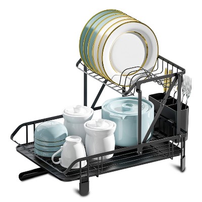 SKONYON Dish Drying Rack Collapsible 2 Tier Dish Rack and Drainboard Set Kitchen Counter with Tray