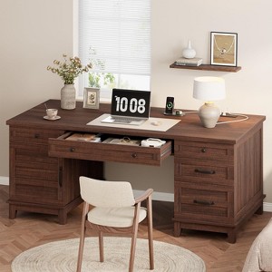 Home Office Desk with Power Outlet, Drawers & File Cabinet, 60 Inch Executive Wooden Desk for Work and Study, Brown - 1 of 4