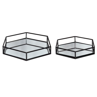Black Hexagonal Metal and Mirrored Glass Decorative Trays, Set of 2
