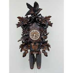 Eight Day Cuckoo Clock – 17 in Height – Hand-Carved Leaves, Birds & Bird Nest – By River City Clocks - 1 of 4