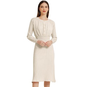 Allegra K Women's Ribbed Crew Neck Pleated Lantern Sleeve Midi Knit A-line Dress - 1 of 4