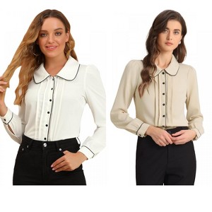 INSPIRE CHIC Women's Casual Peter Pan Collar Button Down Contrast Puff Sleeve Work Blouse 2 Packs - 1 of 4