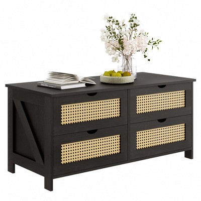 WOWLIVE Wood Coffee Table with 4 Drawers for Living Room, Central Table with Rattan Design