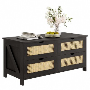 WOWLIVE Wood Coffee Table with 4 Drawers for Living Room, Central Table with Rattan Design - 1 of 4