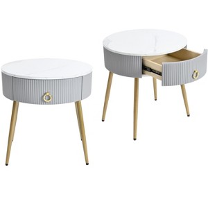 NicBex Coffee Tables for Living Room �19.6" Round Coffee Table Set of 2 Modern Fluted 2 Side Table Set with Drawers and Golden Legs, White+Gold - 1 of 4