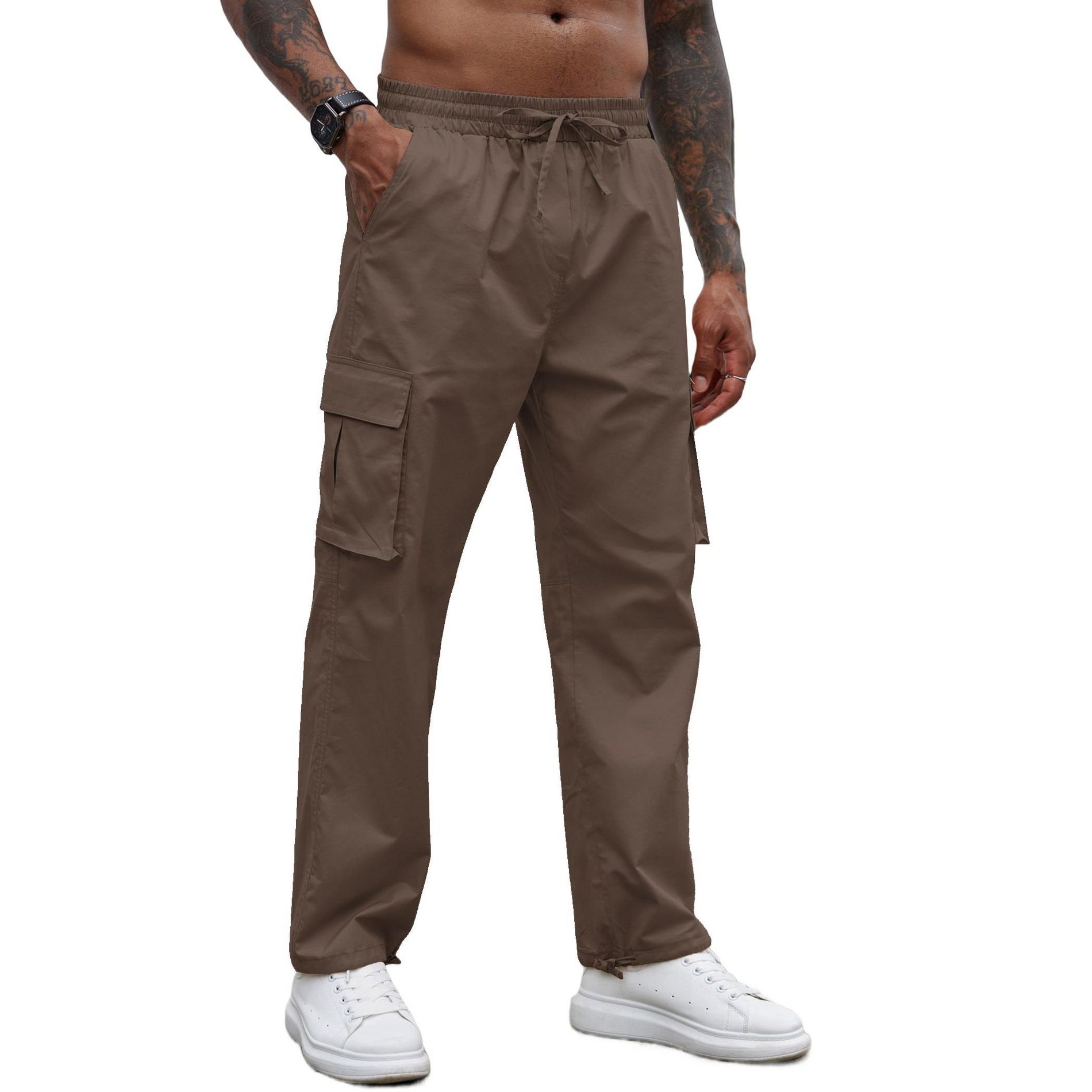 COOFANDY Men's Casual Cargo Pants Cotton Drawstring Athletic Jogger Sweatpants Brown XXL