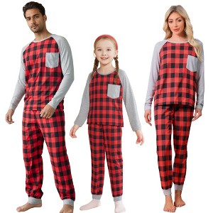 cheibear Christmas Plaid Long Sleeve One Pocket Tee with Pants Family Pajama Set - 1 of 4