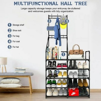 DOMETOUR Entryway Coat Rack,Hall Tree Storage Shelf,Easy Assembly,with 5-Tier Shelf for Storage Shoes,Clothes,Black