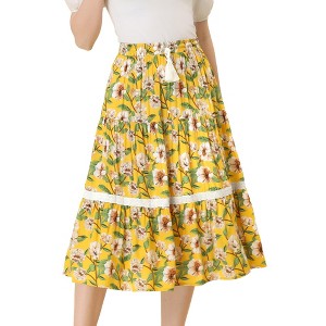 Allegra K Women's Boho Floral Lace Insert Drawstring Elastic Waist Summer Midi Skirt - 1 of 4