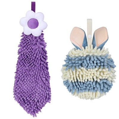 REGALWOVEN 2 Packs Soft Absorbent Flower and Rabbit Shape Decorative Chenille Hand Towel for Bathroom 6" x 15"/7" x 7"