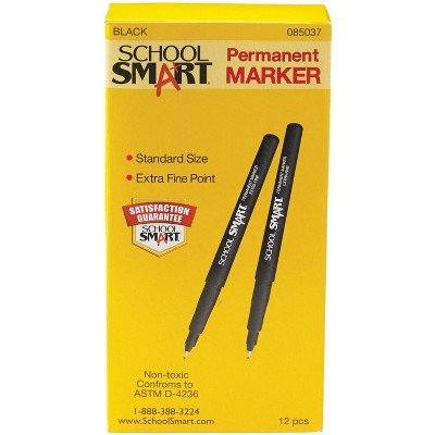 School Smart Permanent Markers, Extra Fine Tip, Black, pk of 12