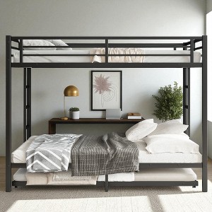 Mshliw Queen over Queen Metal Bunk Bed with Twin Trundle, Heavy-Duty Bunk Frame with Guardrails, Noise-Free Design & Under-Bed Storage - 1 of 4