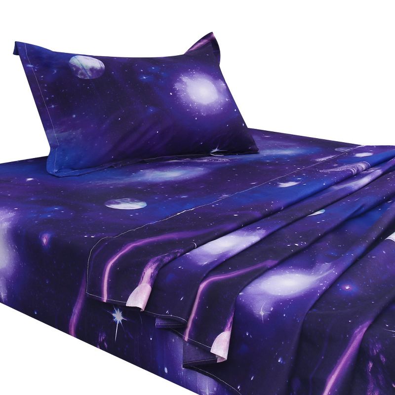 PiccoCasa Galaxy Print Bed Sheets Set with 2 Pillow Cases 3 Pieces Twin Purple, 5 of 6