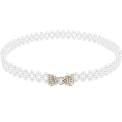 INSPIRE CHIC Women's Pearl Belt Crystal Rhinestone Retro Elastic Thin Waist Belt for Wedding Dress
