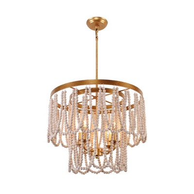 Bella Depot 4-Light Gold Chandelier Wood Bead Ceiling Light Adjustable Pendant Light