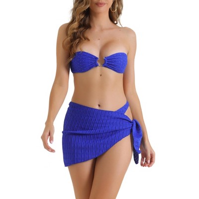 INSPIRE CHIC Women's O Ring Bandeau Ribbed Bikini Sets Triangle Bottoms with Cover Up Bottoms Swimwear Bathing Suits 3 Pieces