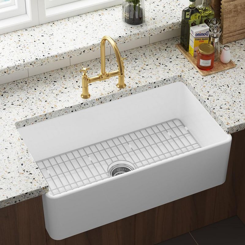 Whizmax White Farmhouse Sink 33 inch, Kitchen Sink Deep Drop In Farm Sink Undermount with Custom Bottom Grid & Strainer Drain, 2 of 8