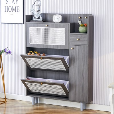 DOMETOUR Rattan Shoe Cabinet, Modern Minimalist Storage Cabinet for Corridors and Living Rooms