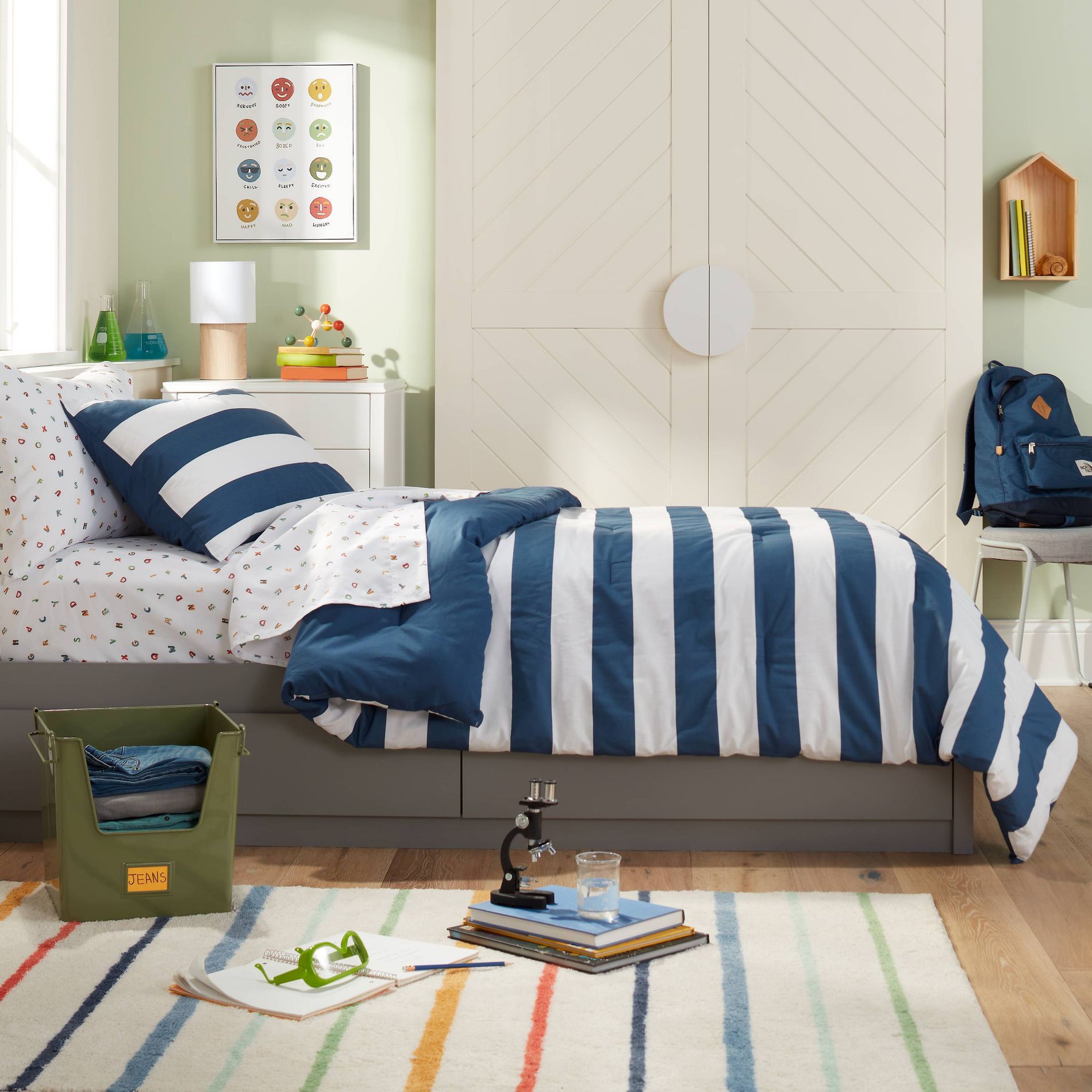 Twin Rugby Striped Kids' Comforter Set Navy - Pillowfort™: Twin Bedding, Boys & Kids, OEKO-TEX Certified