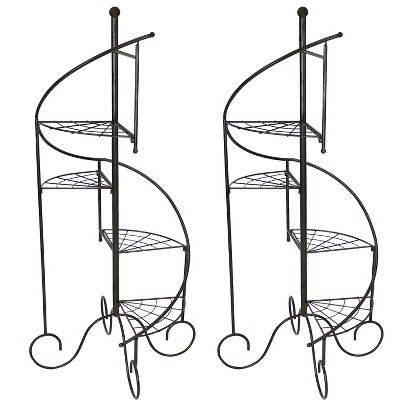 Sunnydaze Indoor/Outdoor Iron Metal 4-Tiered Potted Flower Plant Stand with Spiral Staircase Design - 56" - Black - 2pk