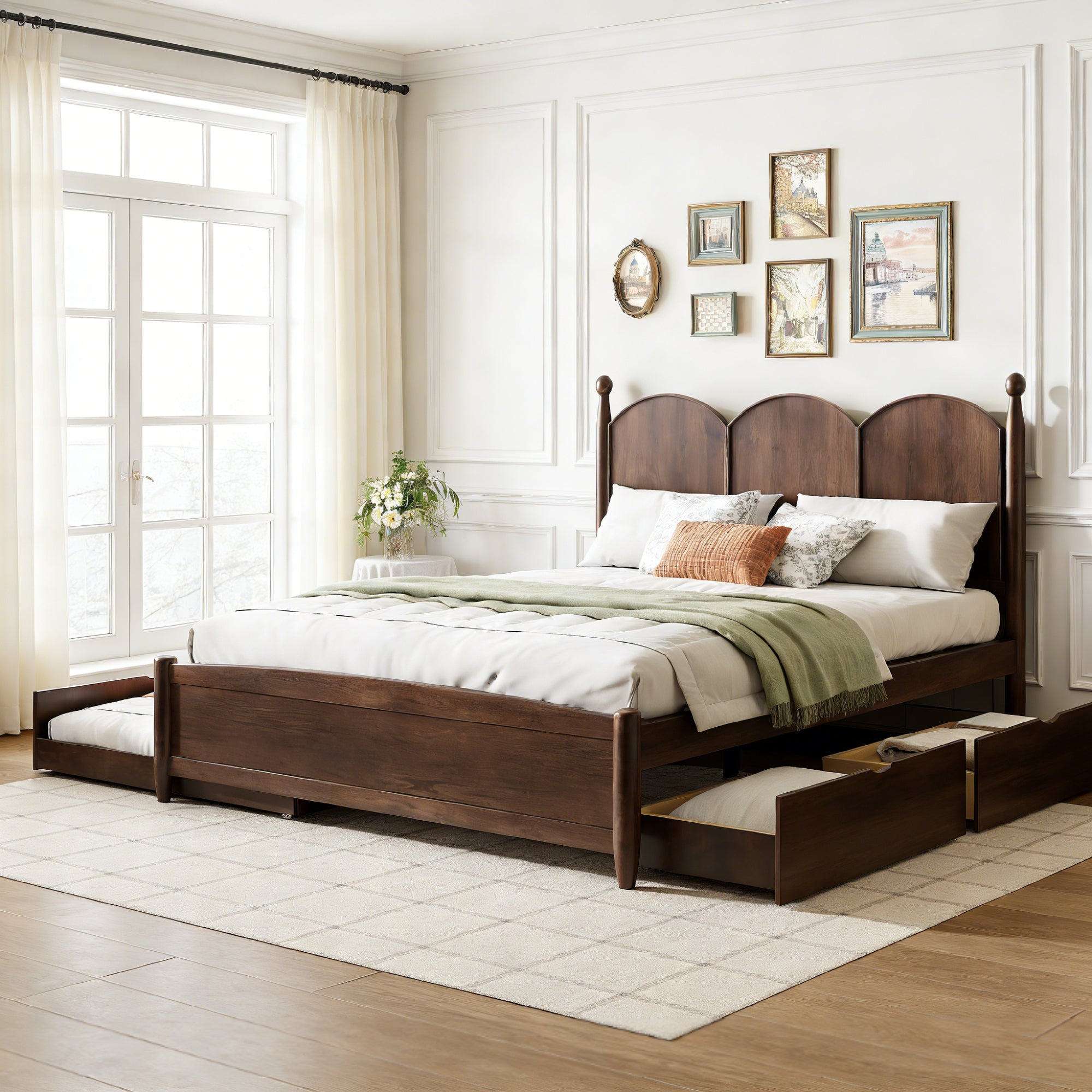 Luxystar Modern Queen Size Platform Bed with 2 Drawers and Trundle Walnut