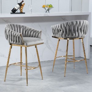 Kumasinova 26" Counter Height Bar Stools Set of 2, Velvet Dining Chair with Hand-Wave Back, Golden Chromed Base & Footrest, Upholstered Counter Stools - 1 of 4
