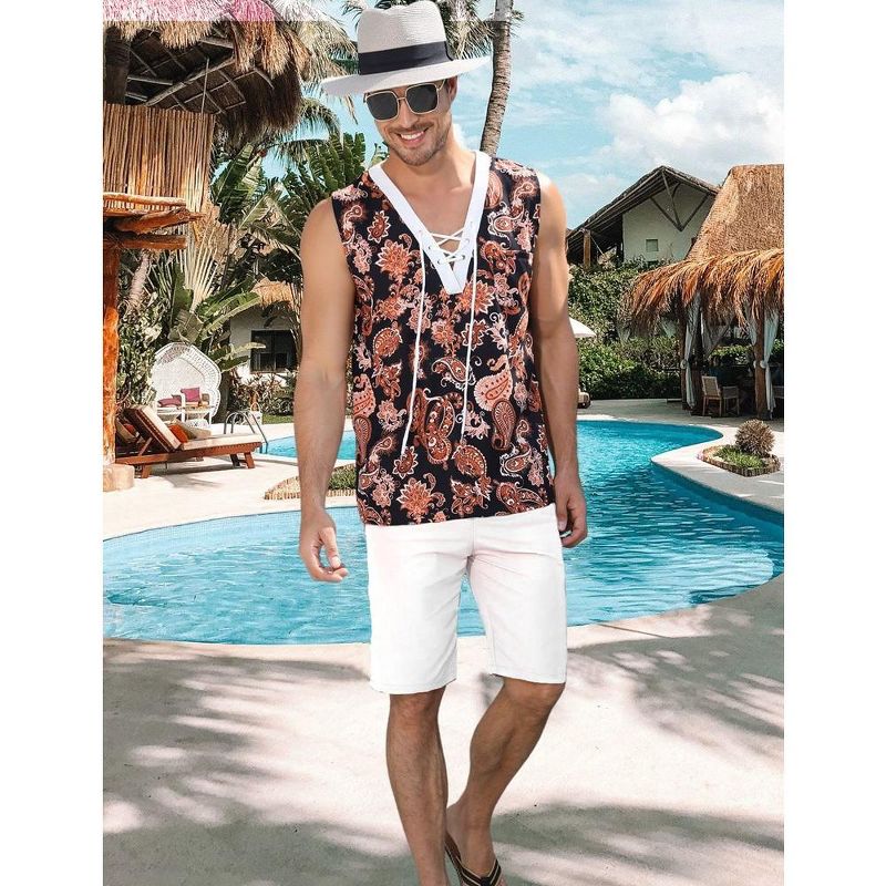 Men's Cotton Linen Tank Top Shirts Casual Sleeveless Lace Up Beach Hippie Tops Bohemian Renaissance Pirate Tunic, 5 of 7